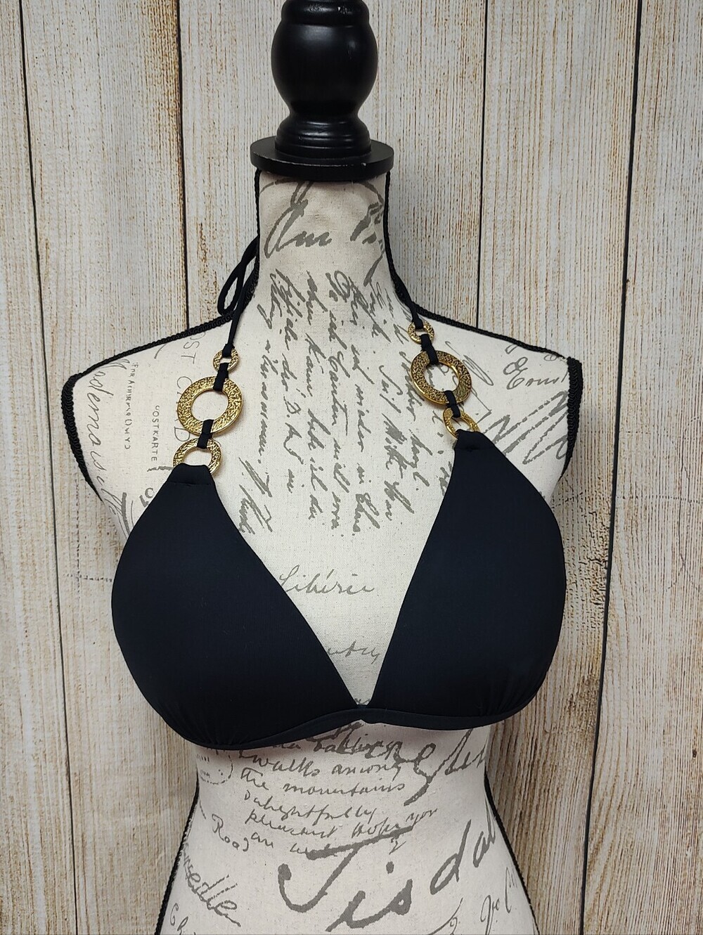 Jennifer Lopez Size 14 Black Bikini Top with Gold Ring Accents